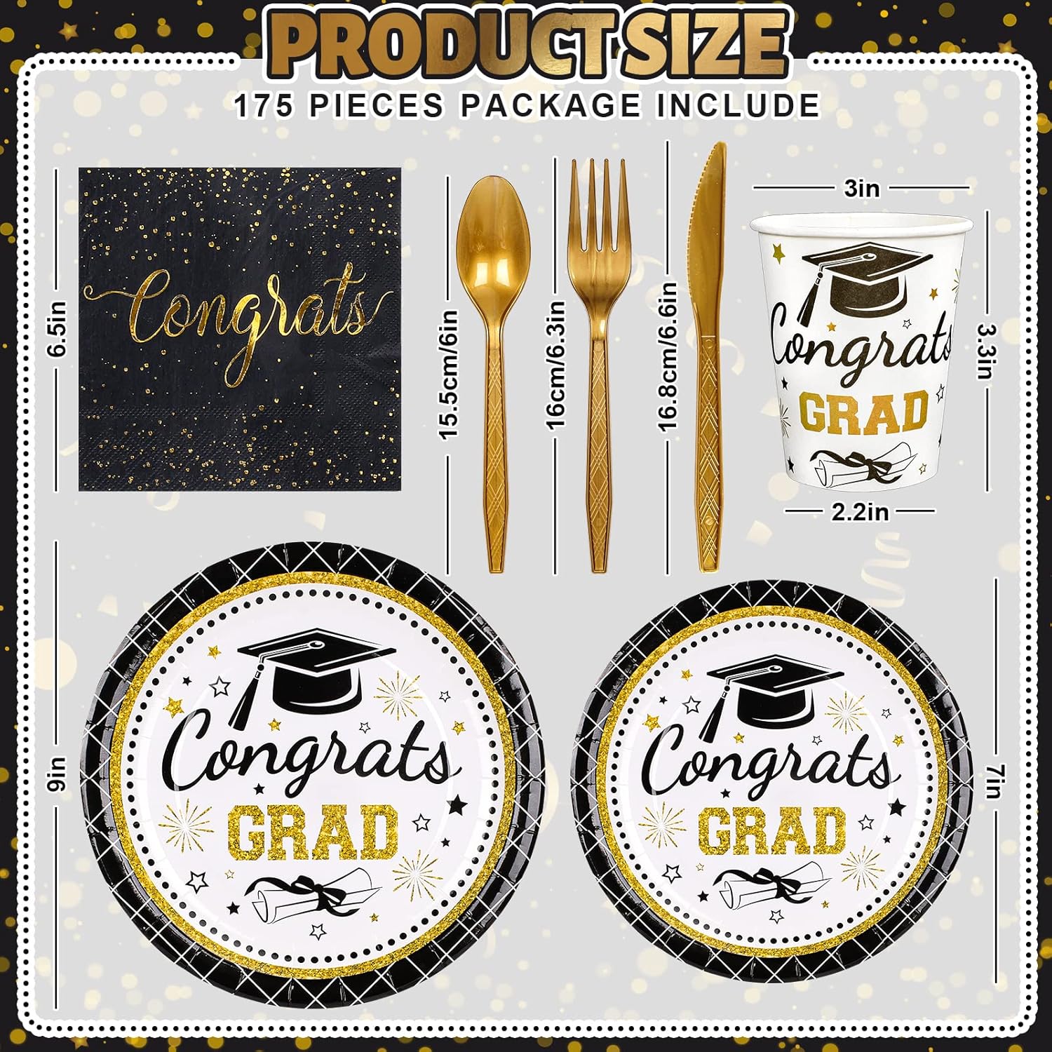 Whaline Graduation Party Supplies - 175Pcs Disposable Tableware Set for 25 Guests | Plates, Napkins, Cups, Cutlery