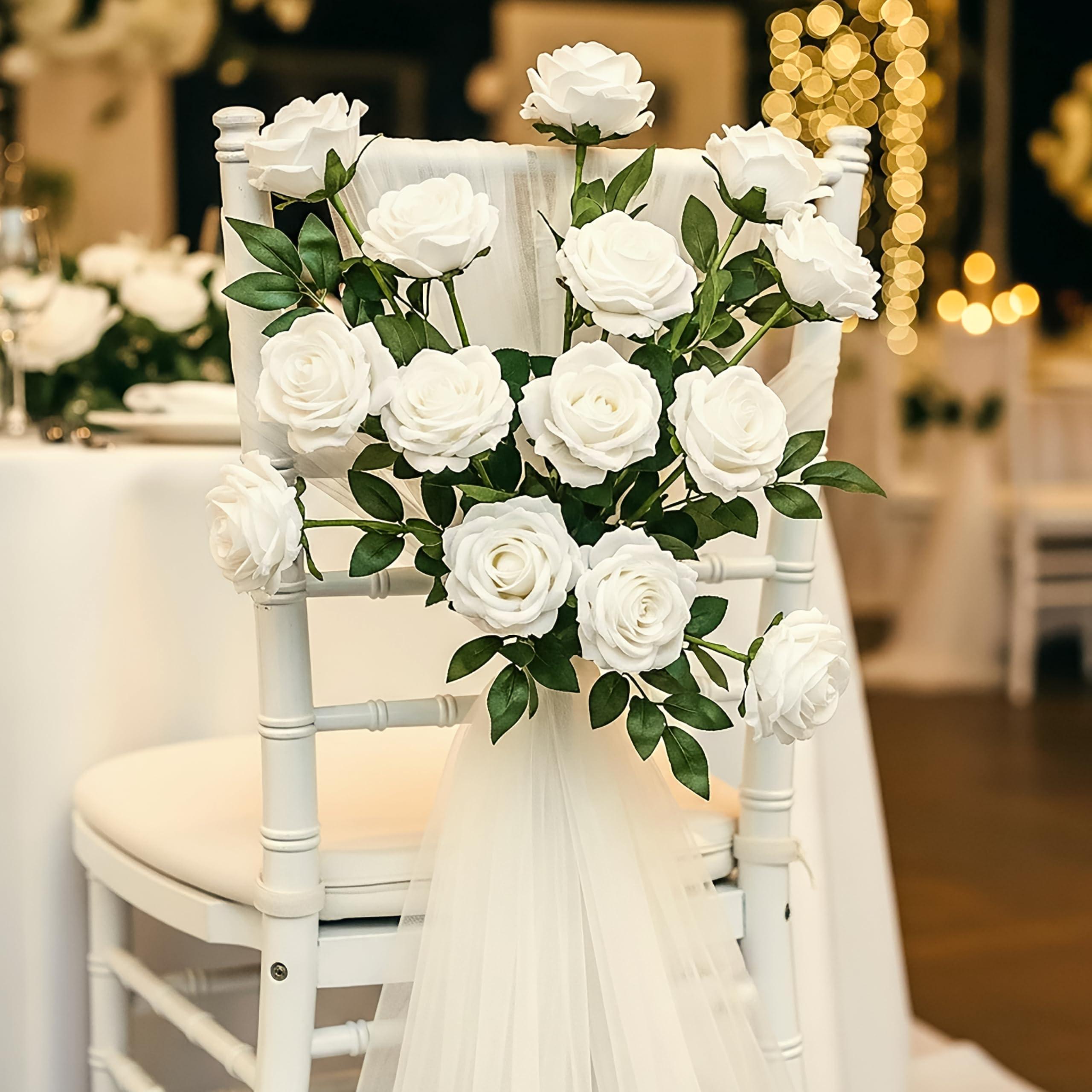 Auihiay 14PCS White Roses Artificial Flowers, Velvet Silk Faux Roses with Long Stems for Mother's Day, Wedding Centerpieces, Anniversary, Party, Home Decoration & DIY Floral Arrangement