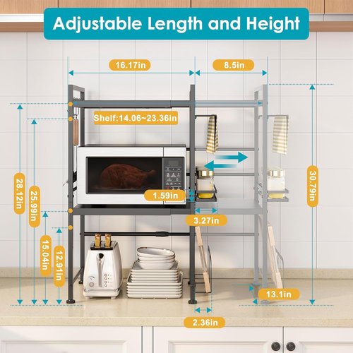 DOLALIKE Microwave Oven Rack - Expandable Countertop Storage with 6 Hooks | Durable Carbon Steel Design