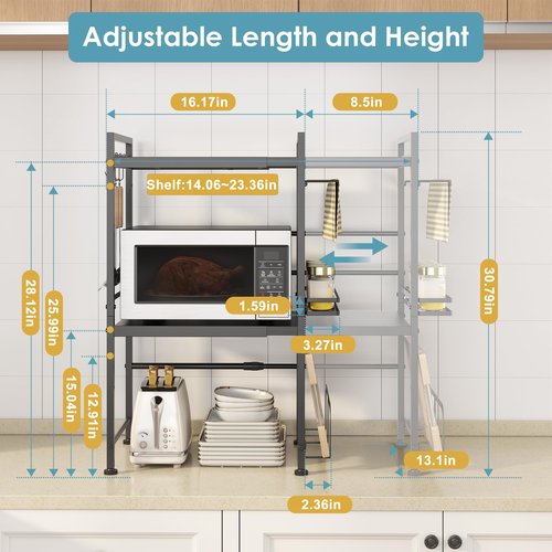 DOLALIKE Microwave Oven Rack, Expandable Microwave Stand Countertop Kitchen Utensils Tableware Storage, Carbon Steel Over Microwave Shelf Countertop with 6 Hooks