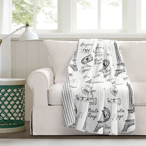 Lush Decor Paris Bonjour Reversible Cotton Throw Blanket, 60" x 50", Black & White