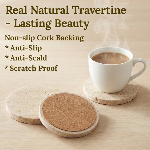 CASACOUTURE-Travertine-Stone-Coasters Set of 4-Round -4" Diameter Drink Coasters for Housewarming Gift, Desktop Protection Suitable for Various Cups - Sturdy and Durable Aesthetics