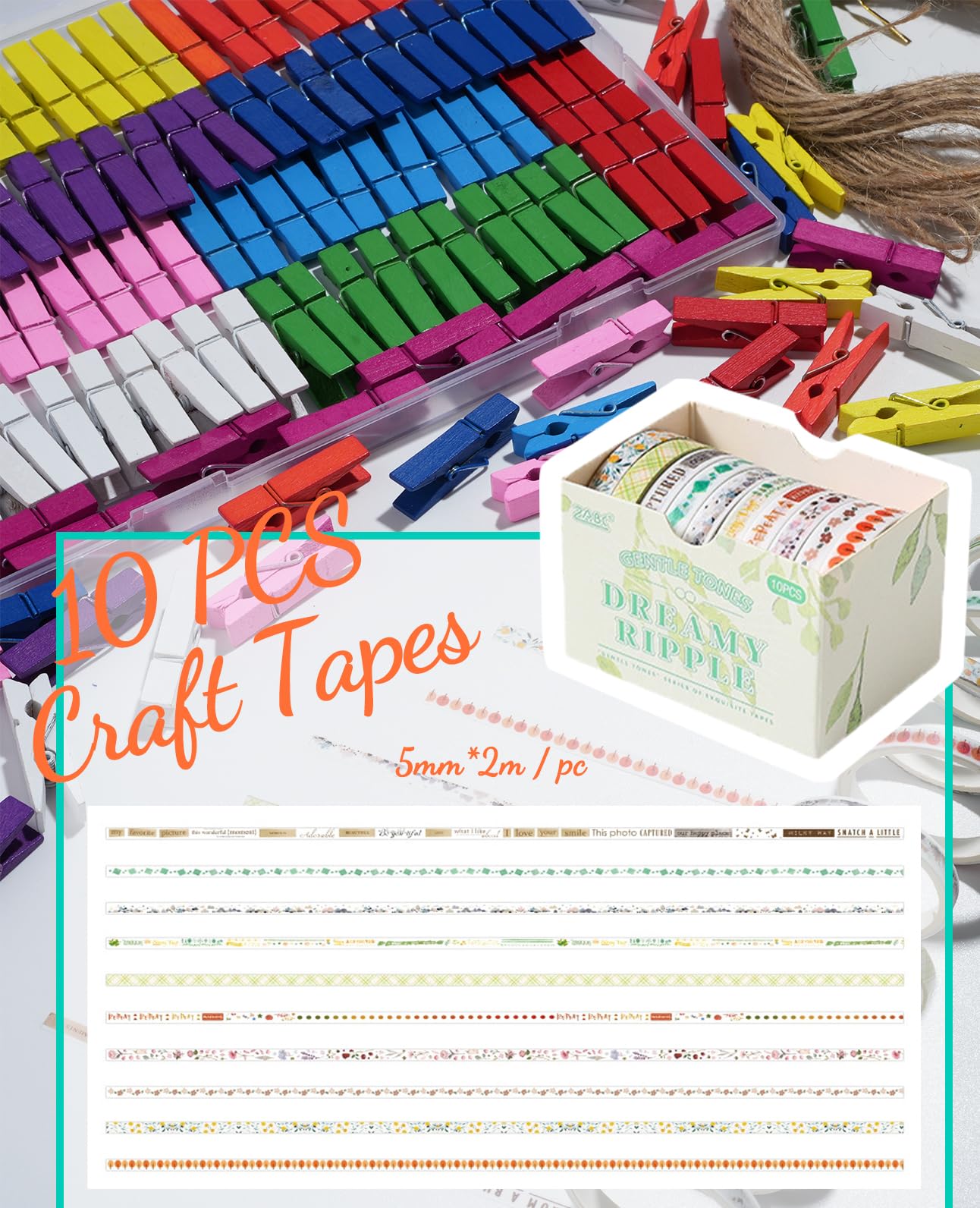 Mini Clothespins, Sopito 100 Pcs 1.4'' Strong Mini Clothespins for Photos with 10 Pcs Washi Tapes and 43 Ft Jute Twine, Colorful Wooden Small Clothes Pins for Picture, Crafts, Baby Shower