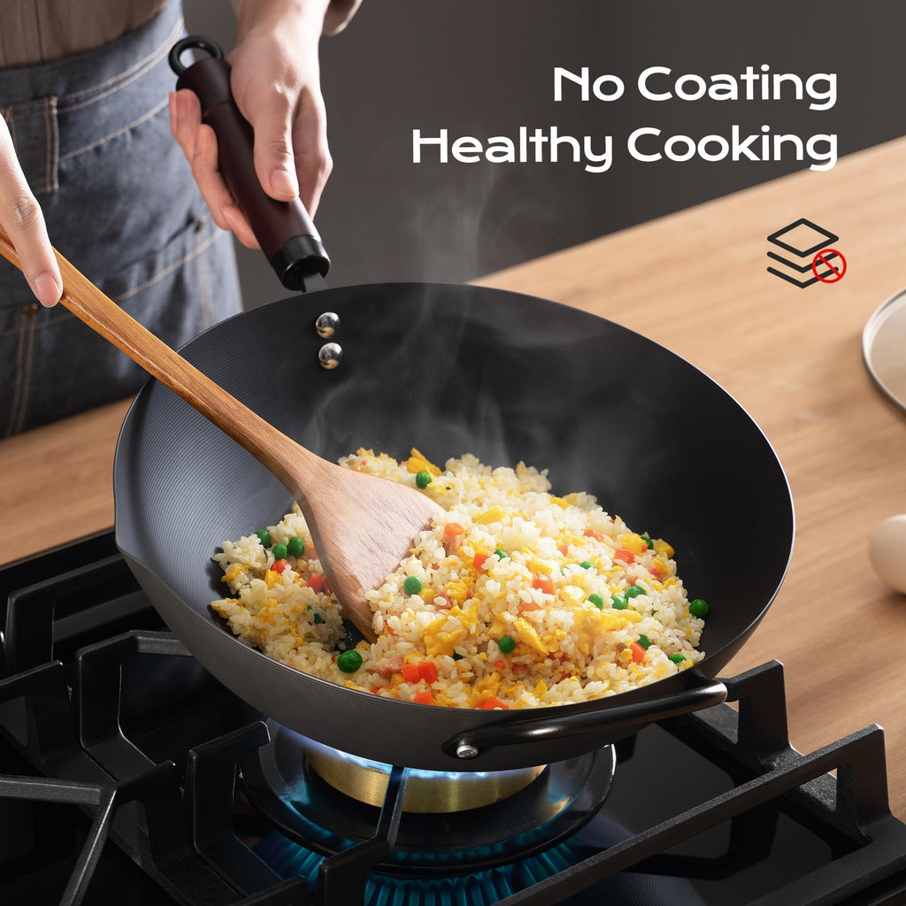 Wok, 13 Inch carbon steel wok pan with steamer & stir-fry pans nonstick, Pre-Seasoned 5.8QT Flat Bottom Chinese Woks Paella Pan with lid, Carbon Steel Cookware, Compatible with All Cooktops