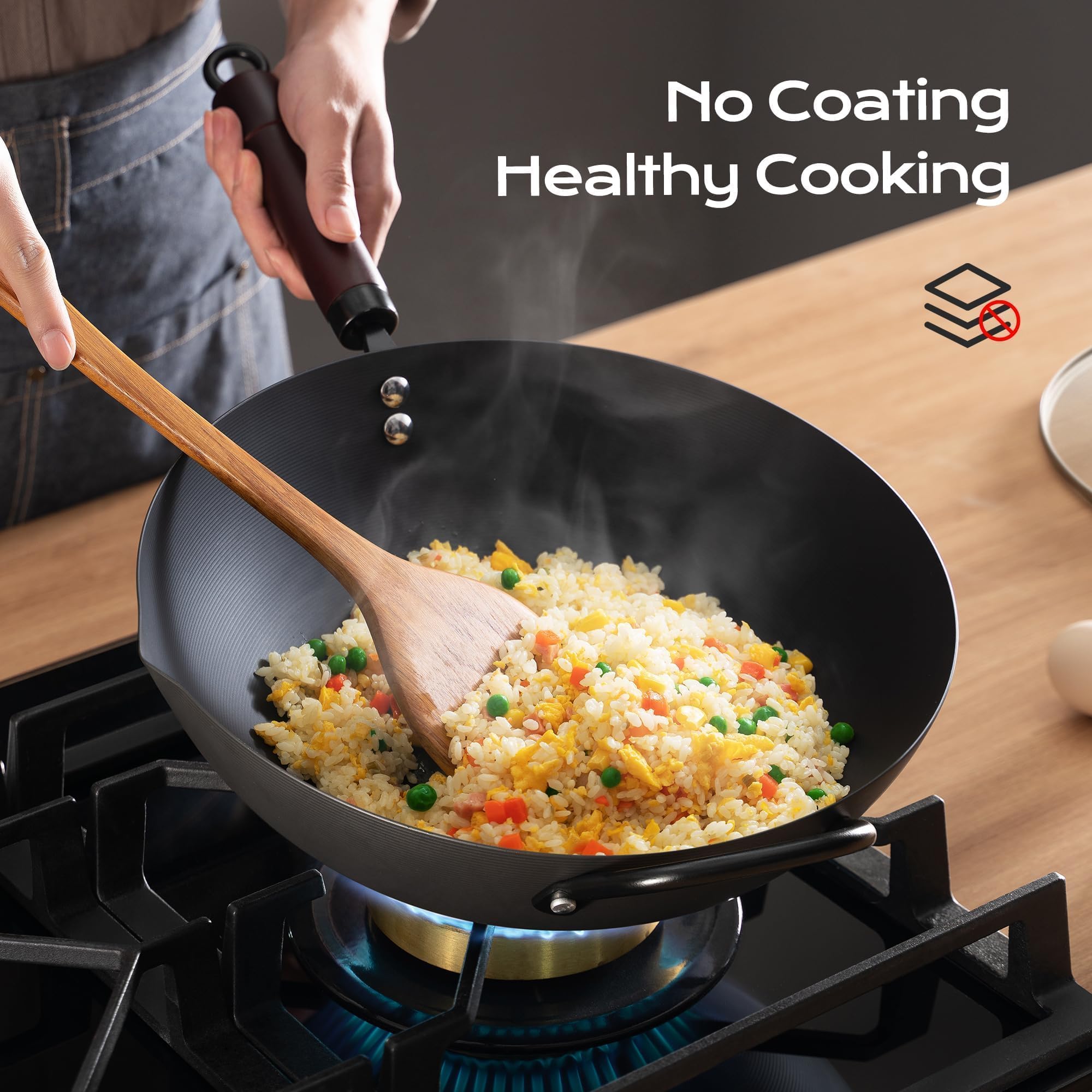 Wok, 13 Inch carbon steel wok pan with steamer & stir-fry pans nonstick, Pre-Seasoned 5.8QT Flat Bottom Chinese Woks Paella Pan with lid, Carbon Steel Cookware, Compatible with All Cooktops