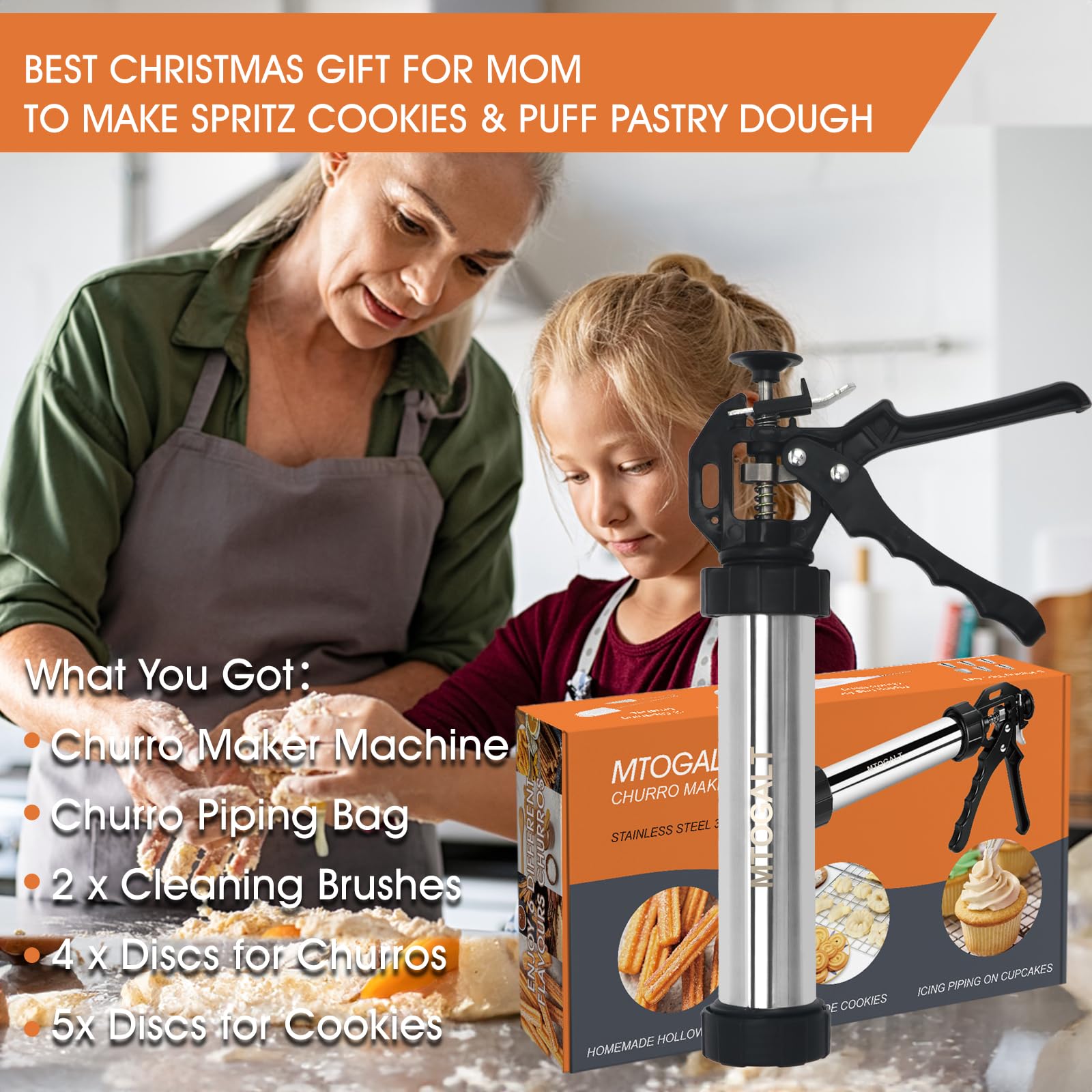 Churro Maker Machine, 21-Piece Stainless Steel Churro Gun Kit, Churros Maker Gun, Cookie Press Set, Hollow Churro, Spritz Cookie Press Gun with Piping Bag, Filler, 6 Tips, 9 Discs, 2 Brushes