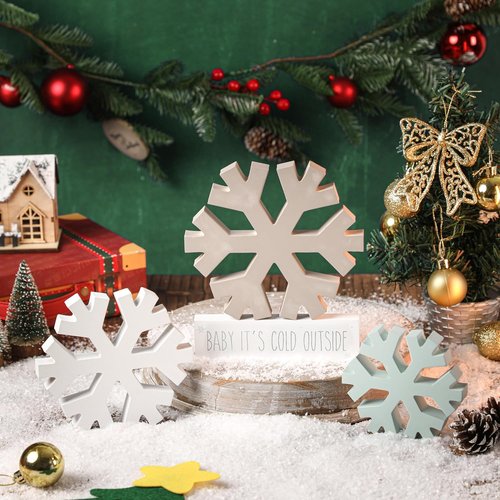 KORMMCO Winter Snowflake Fireplace Decorations - 4Pcs Farmhouse Christmas Decor | Wooden Signs for Tabletop & Shelves (White, Brown, Blue)
