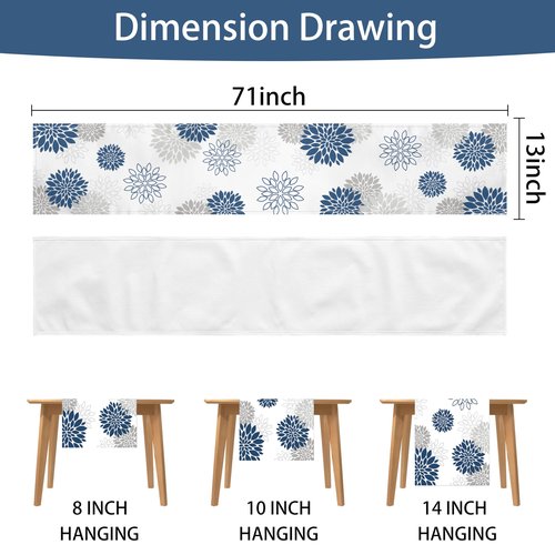 Dahlia Flower Table Runner 13x71 Inch Farmhouse Blue Gray Runners Modern Table Decorations Rustic Geometric Coffee Table Runner for Home Kitchen Dining Room Party (13"x71", Dahlia Floral-Blue)