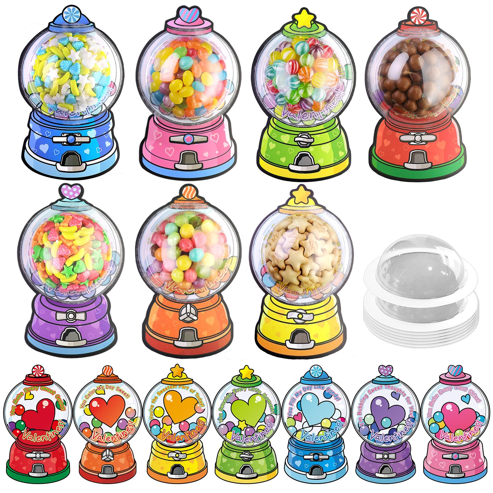 56 PCS Gumball Machine Valentines Candy Card Set, DIY Valentine Cards with Plastic Domes, Valentines for Kids Party Favor, Valentine School Classroom Exchange Prizes for Girls Boys（No Snacks Inside）