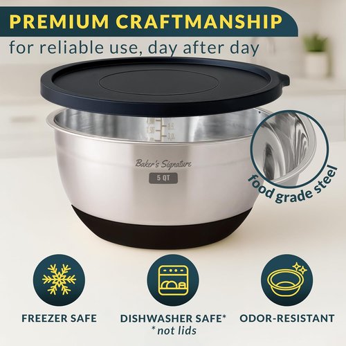 Baker's Signature Stainless Steel Mixing Bowls Set - 5 Sizes with Airtight Lids & Non-Slip Base | Black