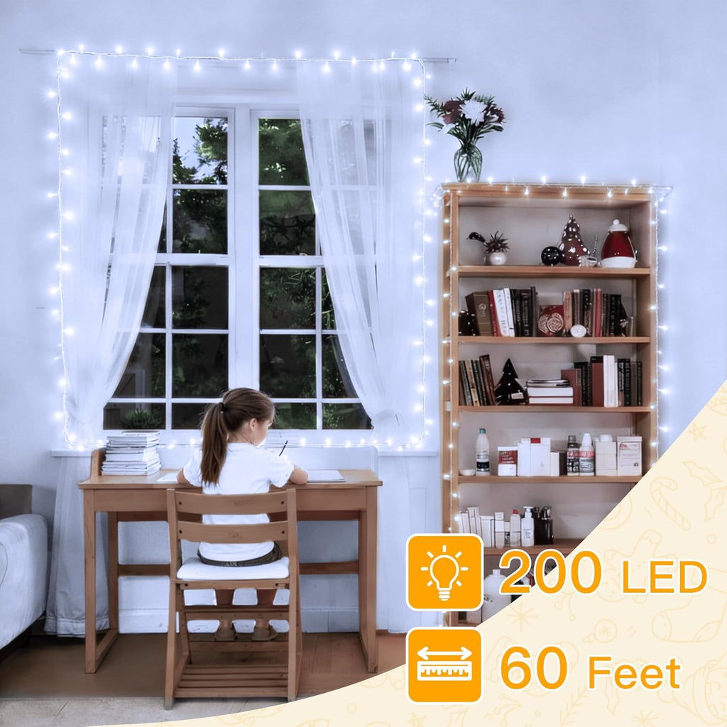 Ollny 200 LED Christmas Lights - 60FT Cool White Connectable String Lights | Waterproof, 8 Modes for Indoor/Outdoor Use
