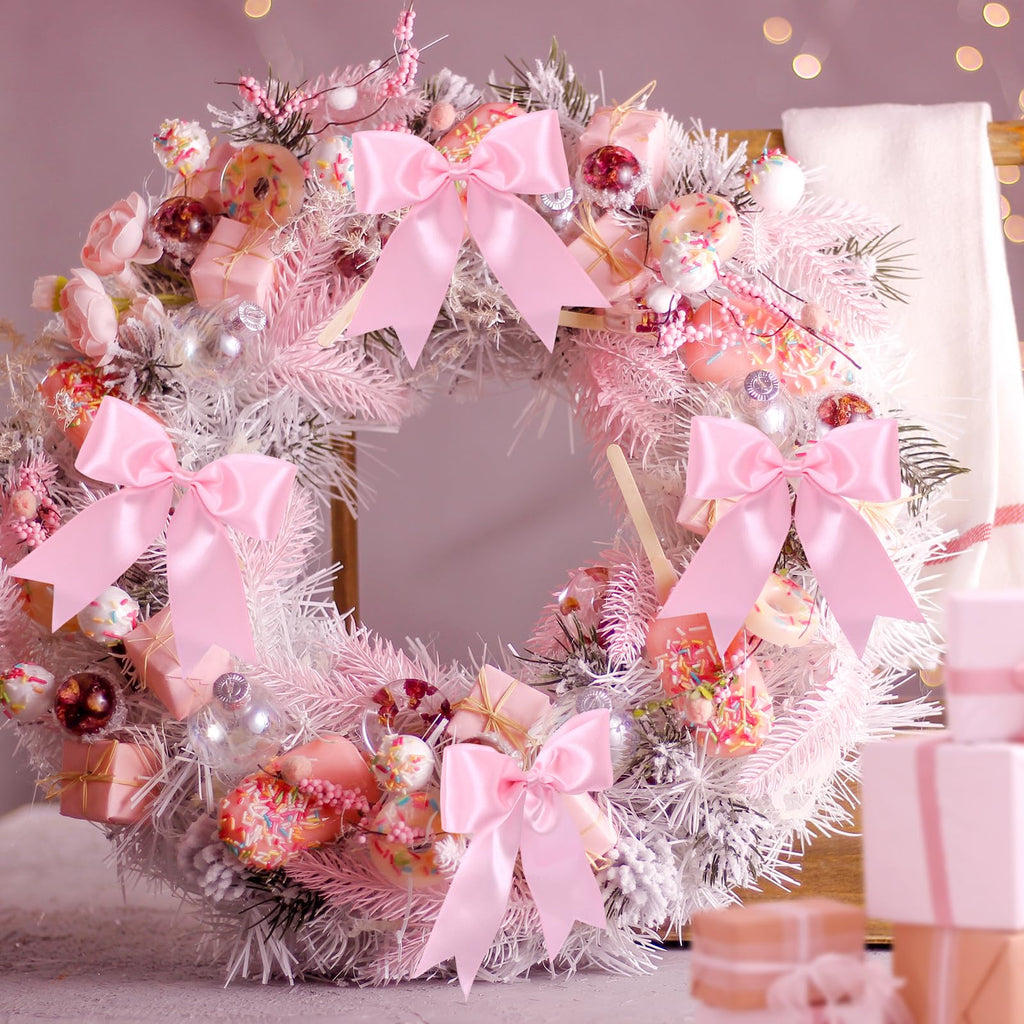 24 Pcs Pink Satin Ribbon Bows Christmas Tree Decorations, Christmas Wreath Bow Topper for Xmas Gift Packaging Home Wreath Fence Fireplace Wedding Party Decor