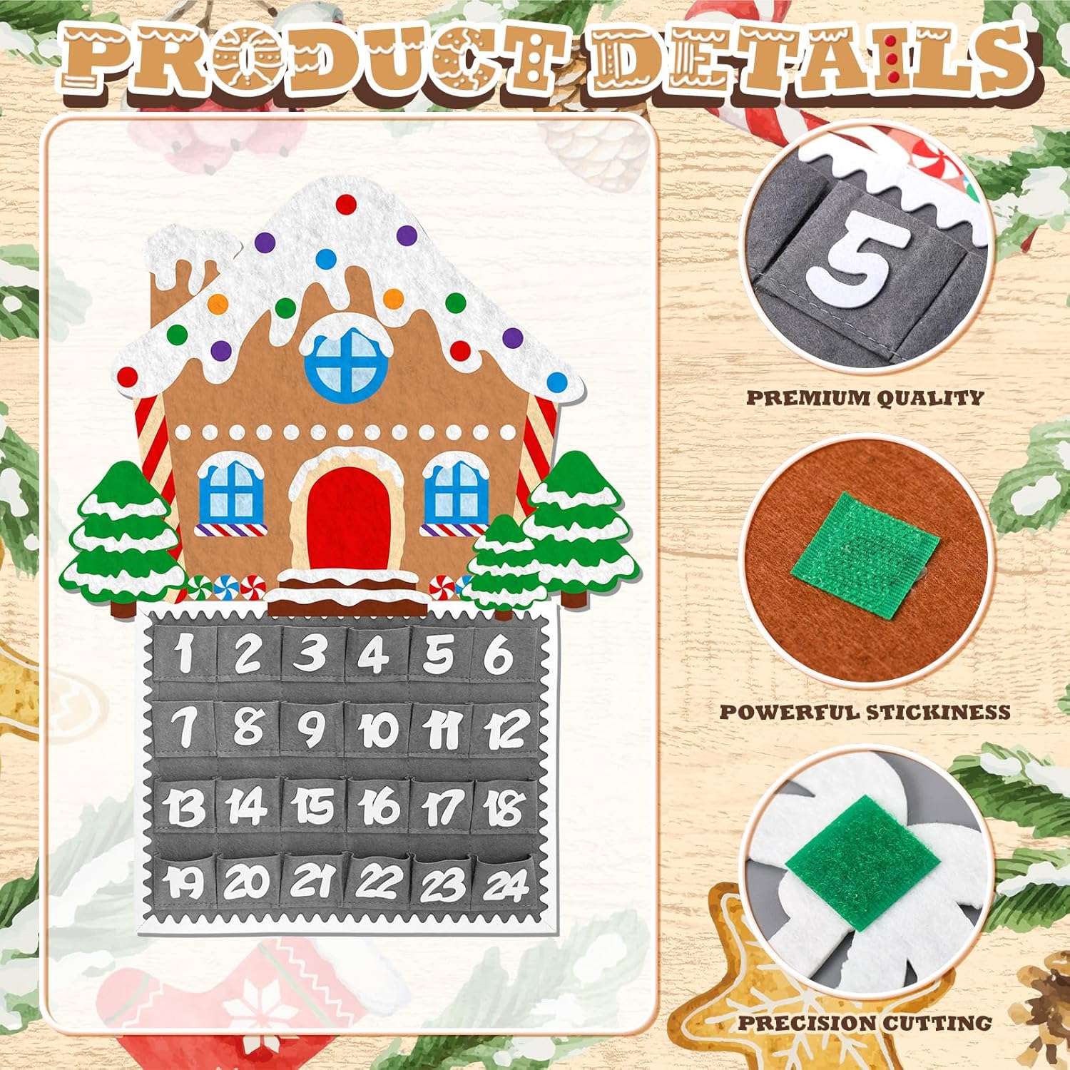 Watersay Christmas Gingerbread House Advent Calendar - 2ft Felt Countdown with 24 Pockets for Kids & Toddlers
