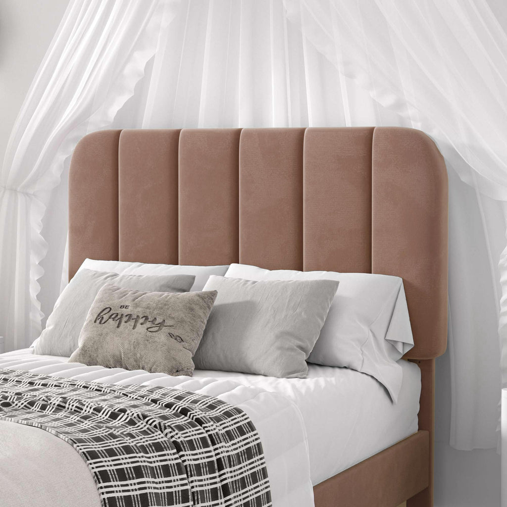 VECELO Twin Size Bed Frame with Upholstered Headboard, Velvet Platform Bedframe Mattress Foundation, Strong Wood Slat Support, No Box Spring Needed,Warm Brown