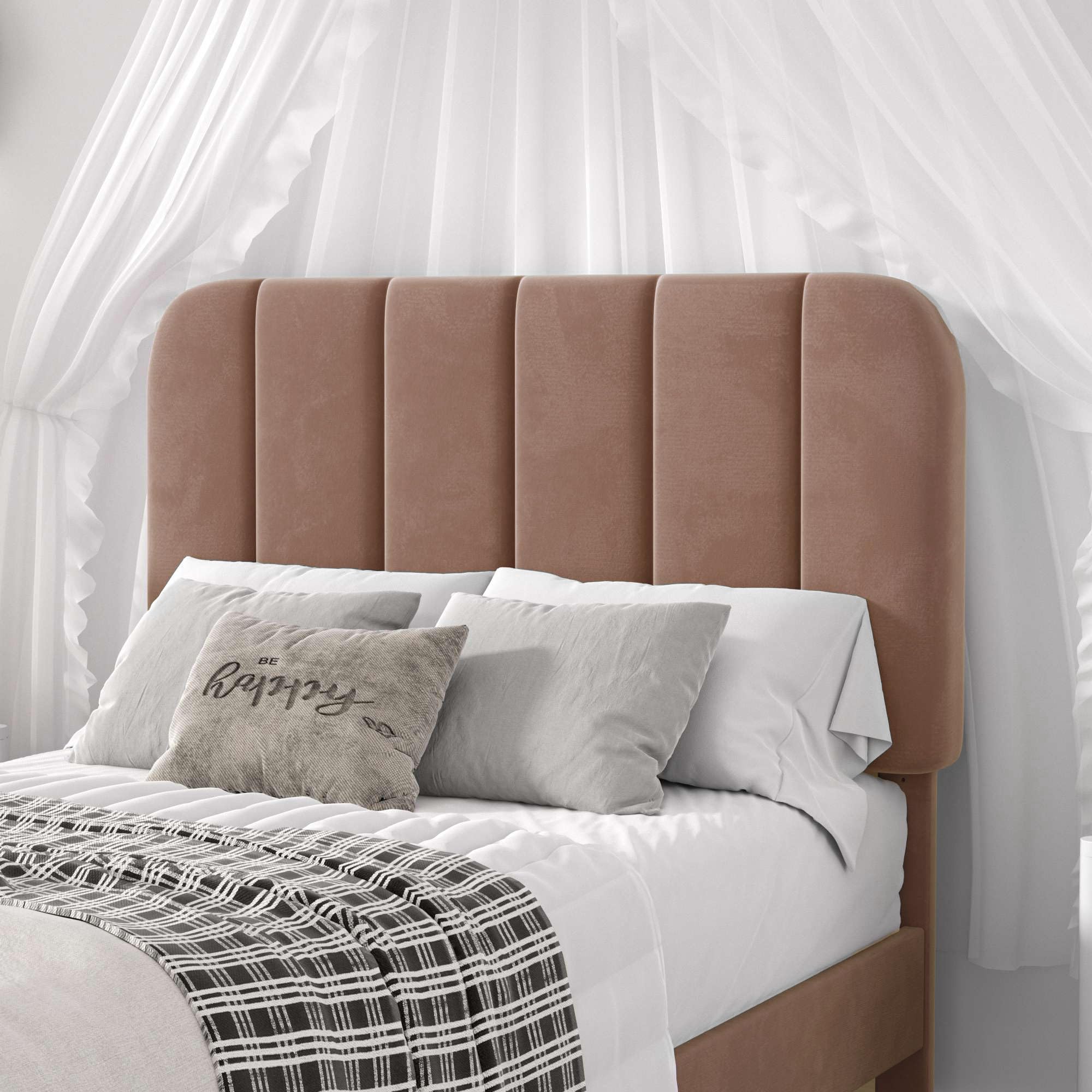 VECELO Twin Size Bed Frame with Upholstered Headboard, Velvet Platform Bedframe Mattress Foundation, Strong Wood Slat Support, No Box Spring Needed,Warm Brown