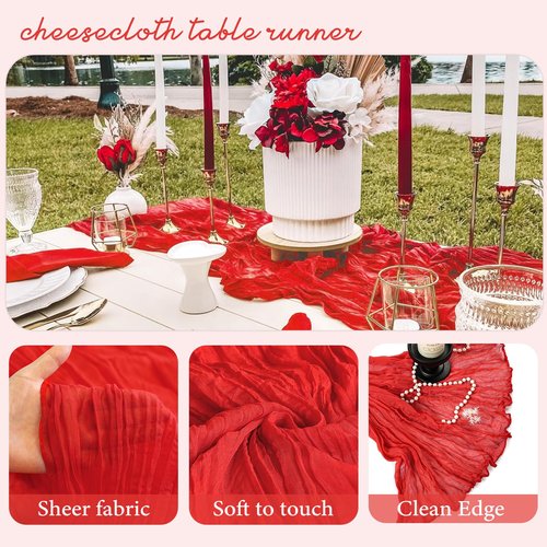 6 Pack Red Valentine’s Day Cheesecloth Table Runner 35x120 Inch Gauze Rustic Boho Table Runner 10FT Cheese Cloth for Wedding Decor Birthday Party Bridal Baby Shower Table Decoration