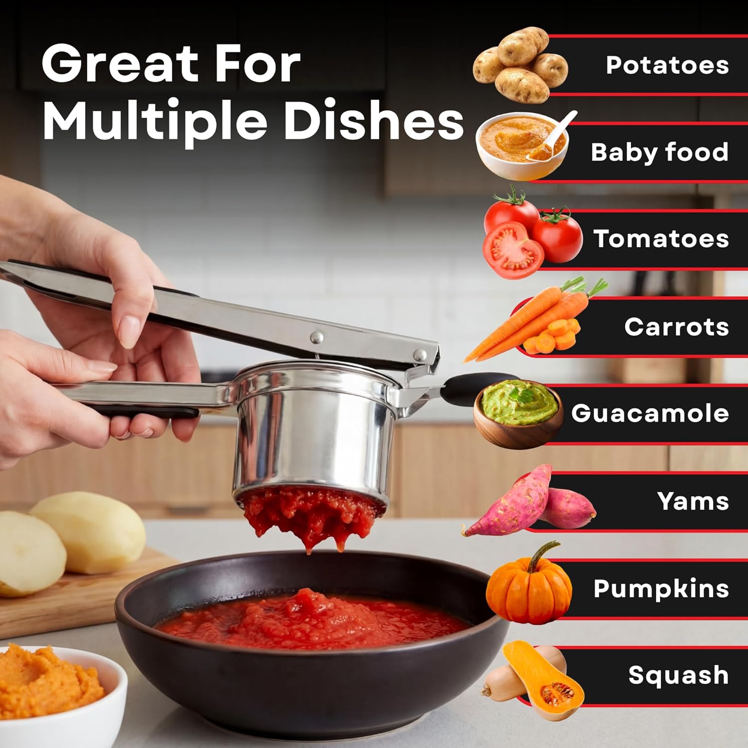 Professional 430 Stainless Steel Potato Ricer - Large 15oz Masher for Fluffy Potatoes, Gnocchi & Baby Food - Ergonomic Non-Slip Handles