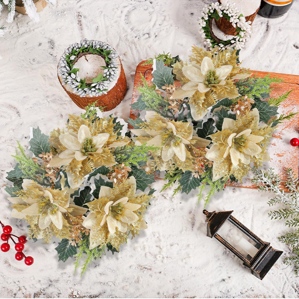 Regine Switzerland Christmas Candle Rings - Artificial Gold Floral Wreath with Holly Leaves | Holiday Table Decor