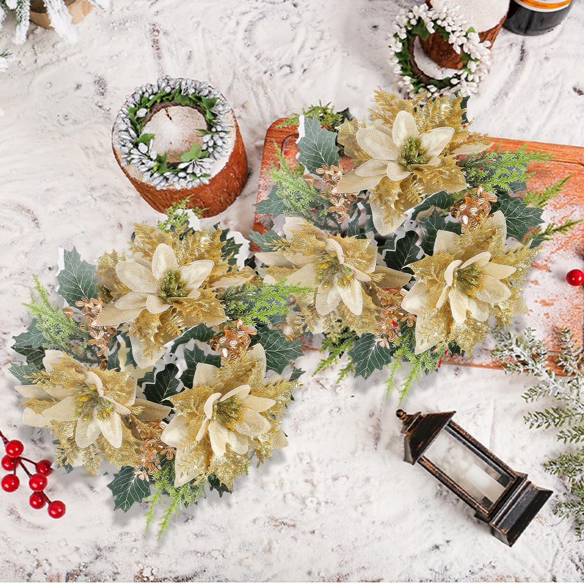 Regine Switzerland Christmas Candle Rings - Artificial Gold Floral Wreath with Holly Leaves | Holiday Table Decor