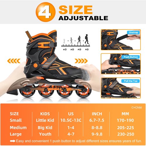 2PM SPORTS Torinx Green Boys Adjustable Inline Skates, Fun Beginner Roller Skates for Kids, Youth, Girls, Men and Women (Orange, Medium - Big Kid (1-4 US))