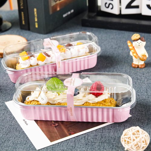 LOKQING 100 Pack Mini Loaf Pans with Lids Rectangle Individual Cake Pans Aluminum Foil Pans for Large Gatherings Picnics Vacations Parties(Pink, 6.8 OZ)
