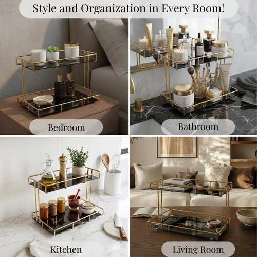 Léazora 2-Tier White Marble Bathroom Countertop Organizer – Glass Shelves & Gold Metal Frame, Elegant Vanity Storage Shelf for Perfume, Skincare, Makeup & Toiletries