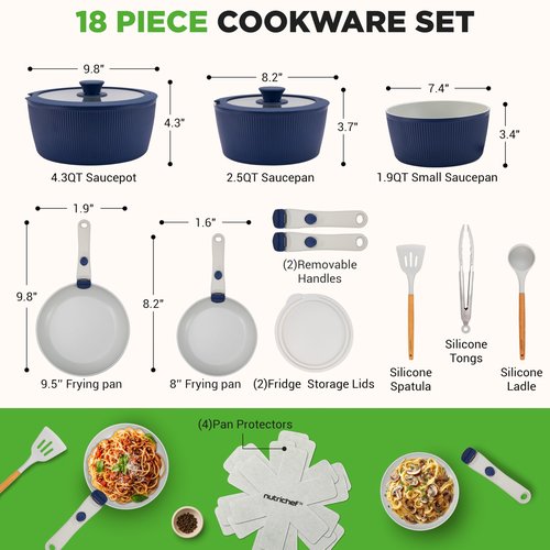 NutriChef 18-Piece Ceramic Cookware Set with Detachable Handles, Space-Saving Nonstick Pots, Pans & Lids, Oven-Safe Bowls, Stackable Storage, Includes Cooking Utensils & Accessories (Blue)