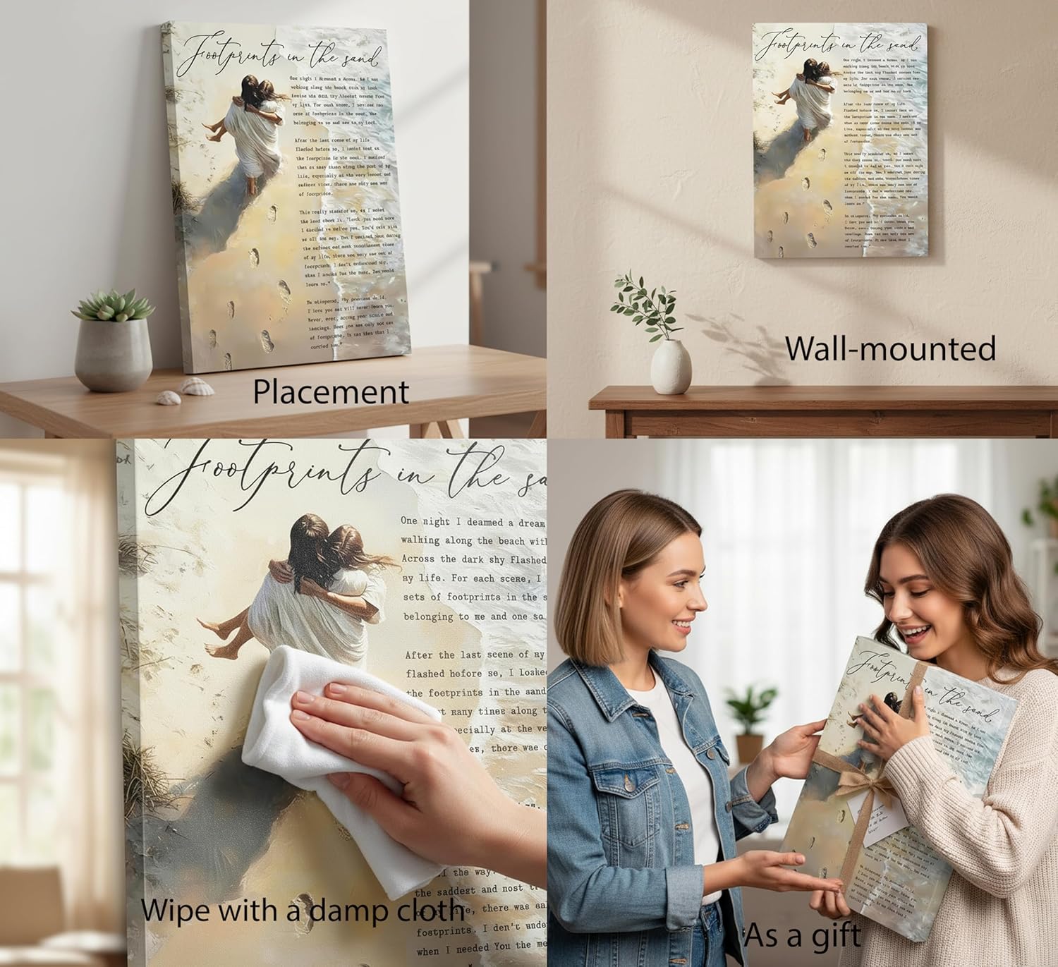 Regine Switzerland Footprints in the Sand Canvas Wall Art - Inspirational Jesus & Woman Beach Scene | 12x16in Framed Decor