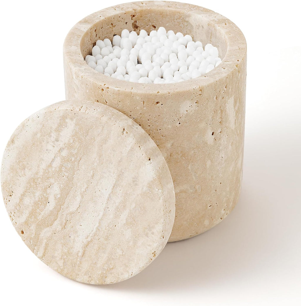 WORHE Travertine Qtip Holder Dispenser - Large Capacity Marble Jar for Bathroom Essentials | Beige