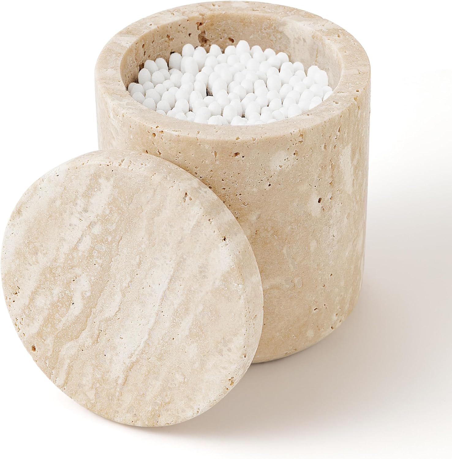 WORHE Travertine Qtip Holder Dispenser - Large Capacity Marble Jar for Bathroom Essentials | Beige