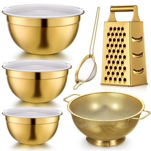 Baderke 6 Pcs Gold Kitchen Accessories Set Includes 3 Gold Mixing Bowls with Airtight Lids Stainless Steel Colander Grater Slicer and Fine Mesh Strainer (Mixing Bowls: 3.7/5/7 Qt, Colander: 5 Qt)