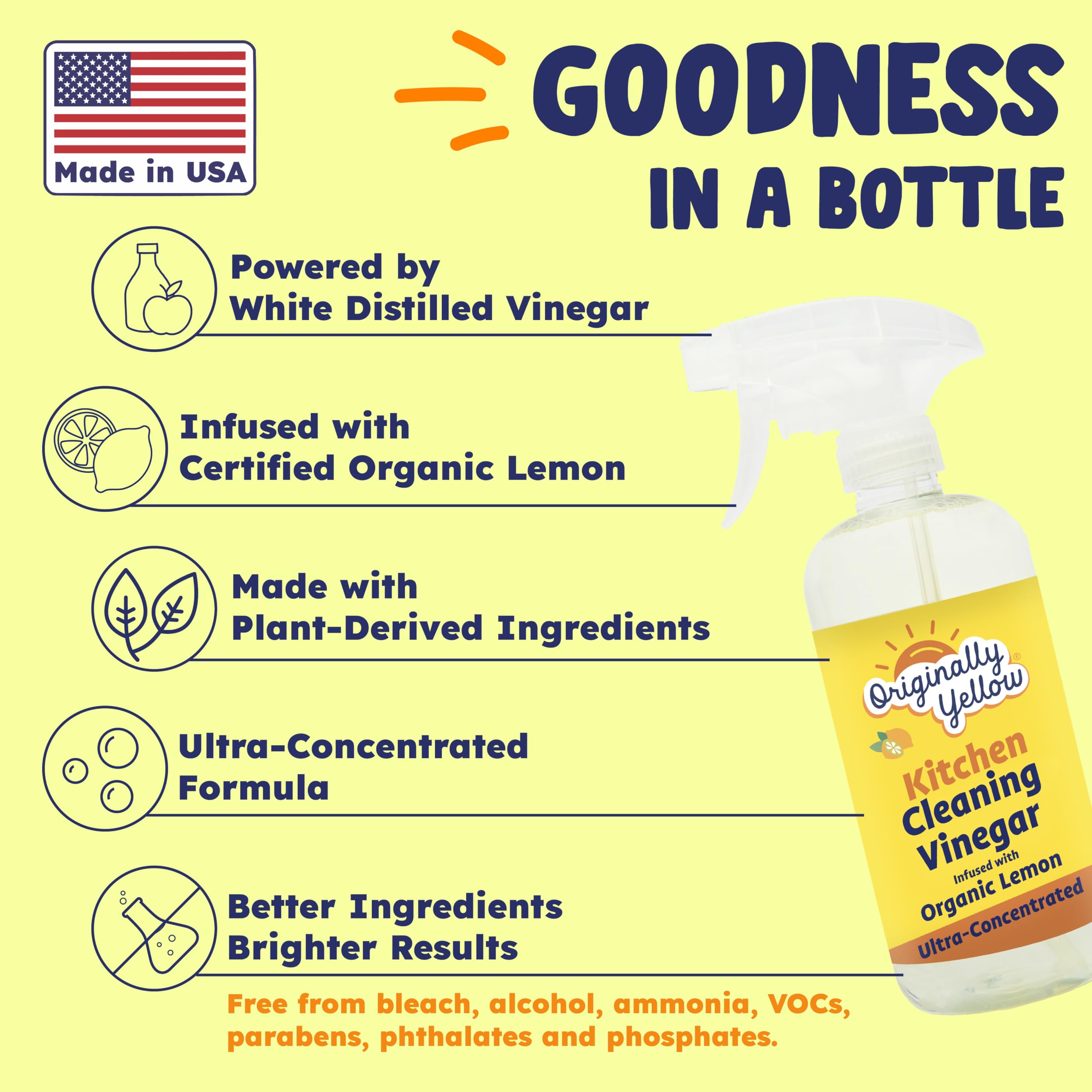 Originally Yellow Plant-Based Kitchen Cleaner | Powered by Natural Vinegar & Infused with Organic Lemon | Multipurpose Kitchen Counter Cleaner Works on Tile, Wood, Granite, & Marble, 16 Fl Oz (3-Pack)