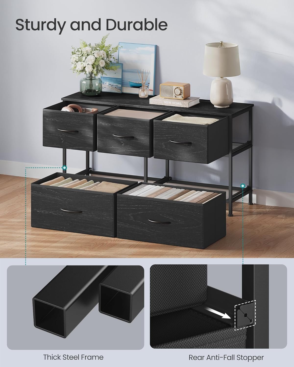 SONGMICS Dresser - Modern Chest of Drawers for Bedroom Storage | 5 Drawer Organizer in Ebony Black