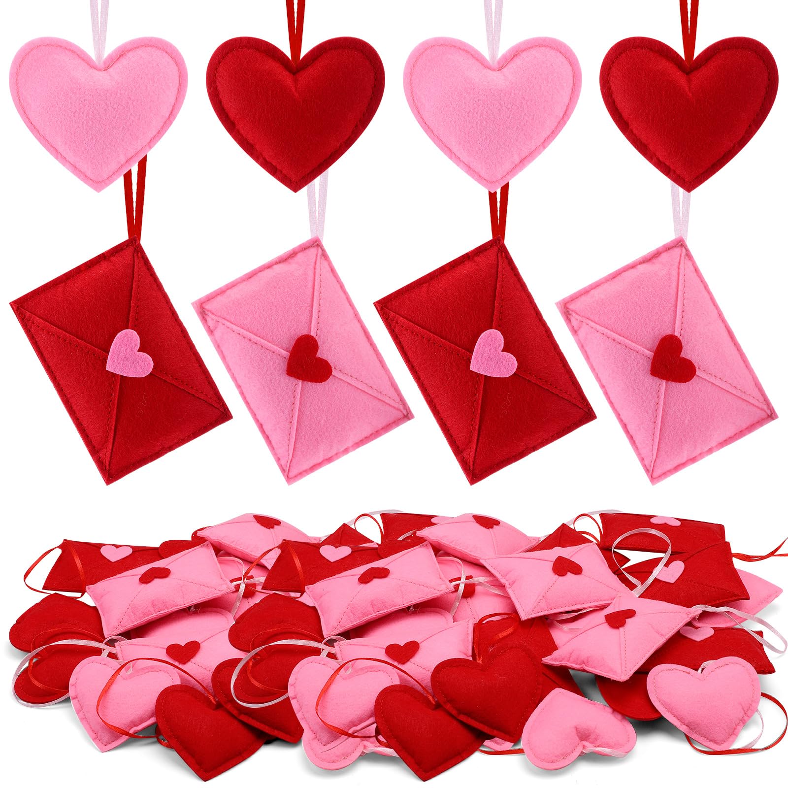 HunnmingRe 24 Pcs Valentine's Day Felt Heart and Envelope Ornaments, Red and Pink Hanging Heart Shaped Baubles for Valentines Day Tree Decor, Wedding, Anniversary, Party Decor, DIY Crafts