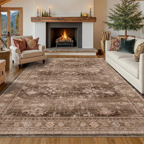 Hazo Haus Brown Area Rug - Large Vintage Western Design, Washable Low Pile, 10x12 ft for Living Room & Bedroom