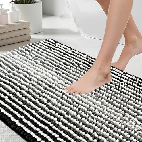 HDFK Bath Mat & Bathroom Rug - Soft Chenille Shower Carpet, Super Absorbent Non-Slip with Odorless Hot Melt Base, Slim Striped Design for Bathtub Floors Machin Washable (24x16 Inch, Black & White)