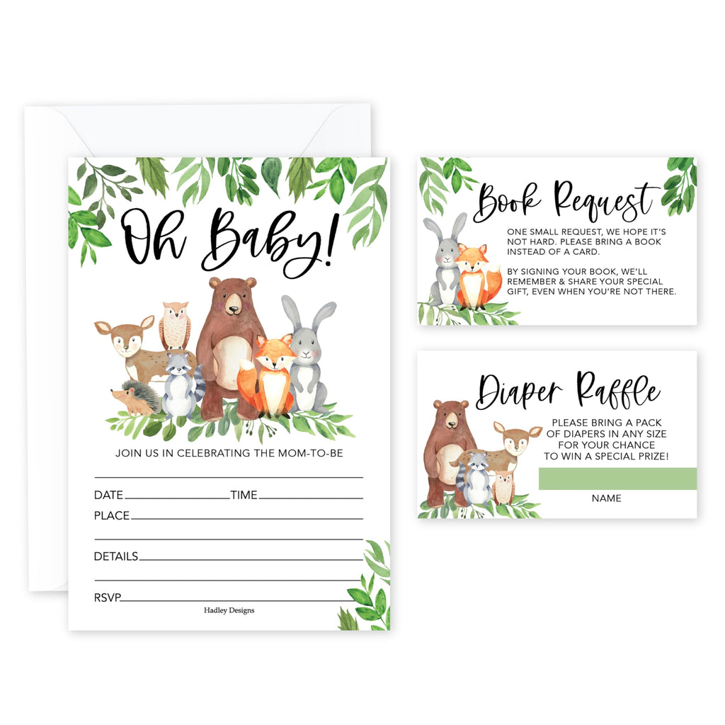 Hadley Designs Baby Shower Invitations for Girl -40 Baby Shower Invites for Boy with Diaper Raffle & Book Request Cards, Woodland Animals Gender Reveal Invitations Gender Neutral, Oh Baby!