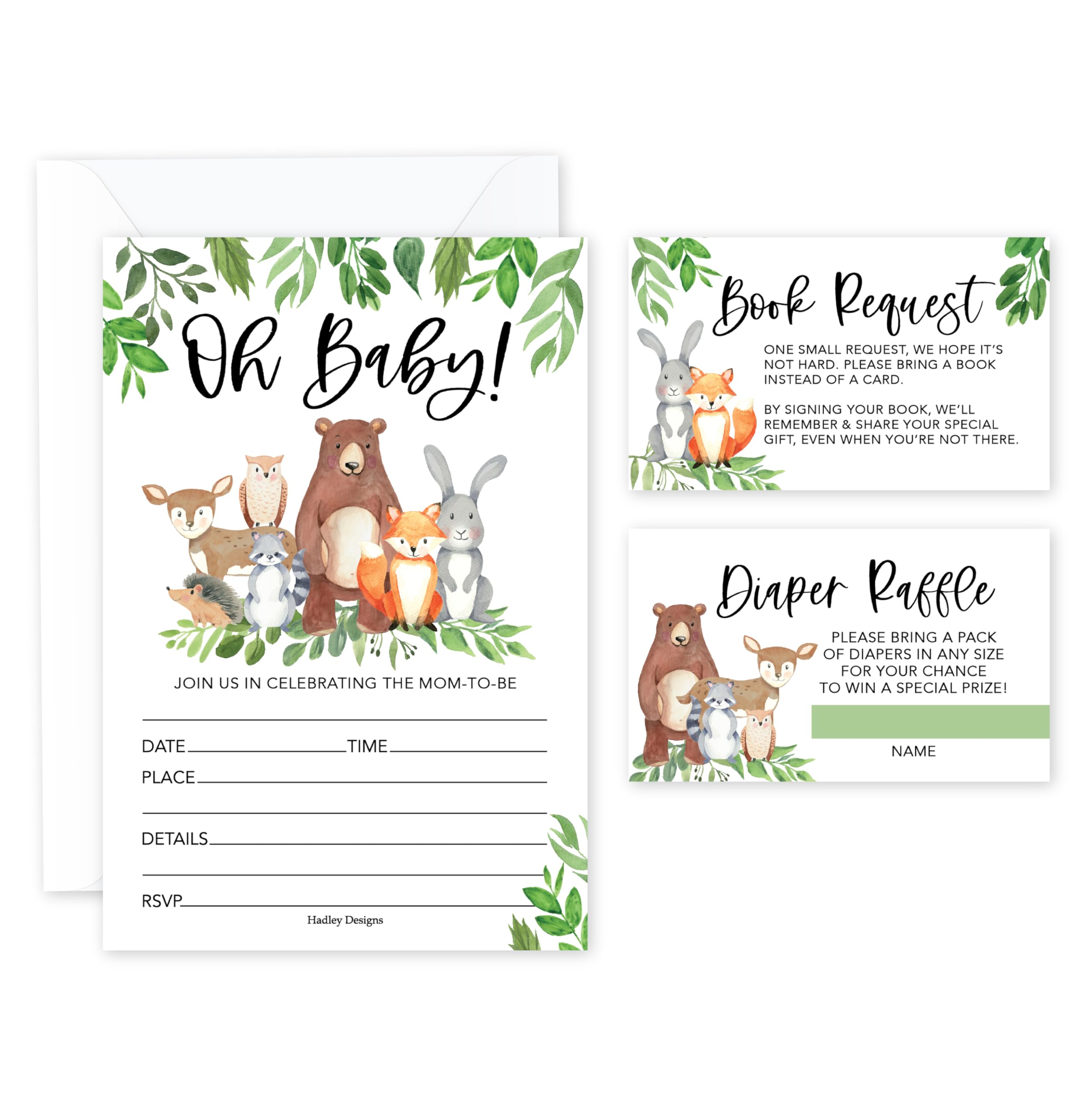 Hadley Designs Baby Shower Invitations for Girl -40 Baby Shower Invites for Boy with Diaper Raffle & Book Request Cards, Woodland Animals Gender Reveal Invitations Gender Neutral, Oh Baby!