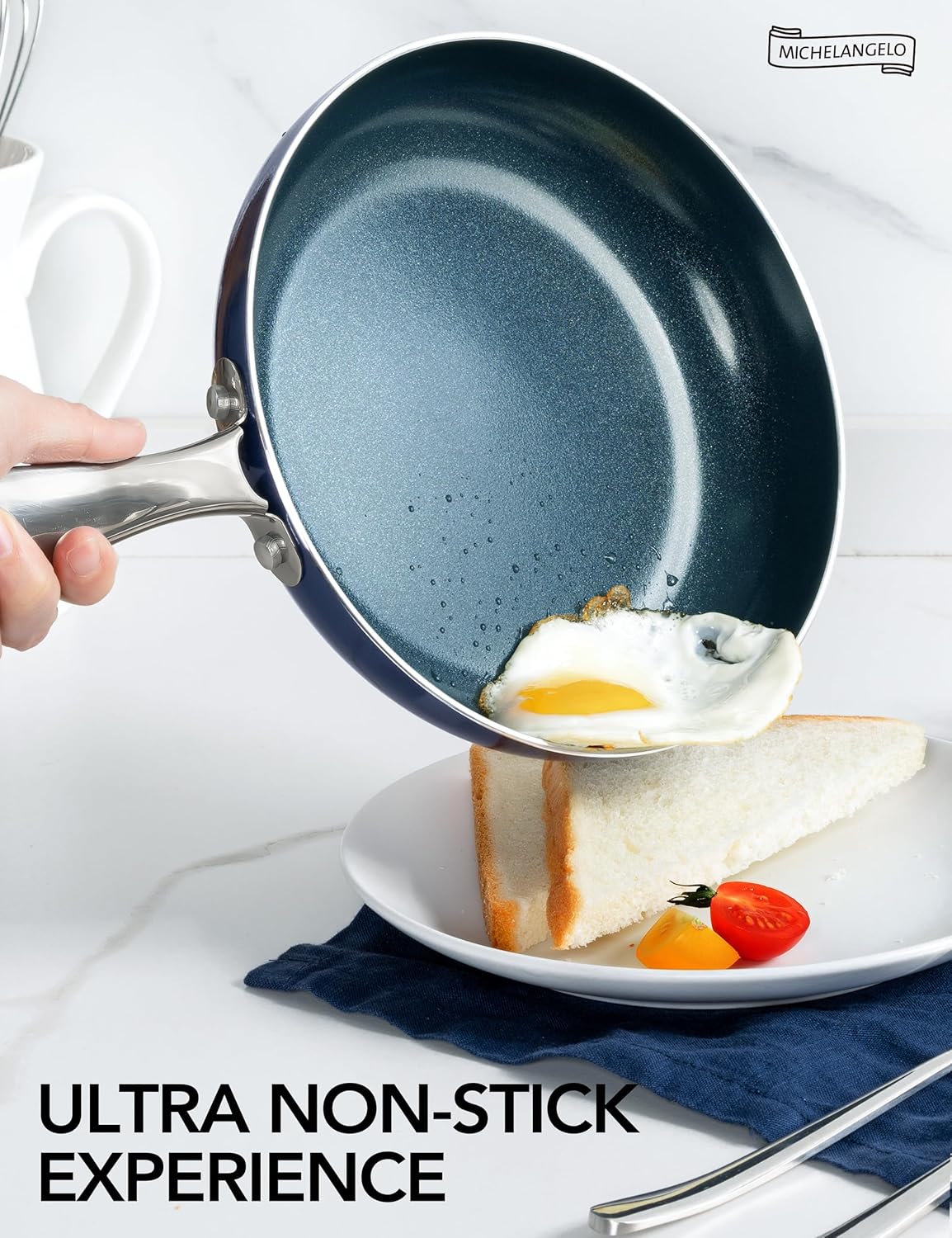 MICHELANGELO 8-Inch Nonstick Frying Pan - Non-Toxic Omelette Pan with Lid & Stainless Handle | Blue-Ceramic