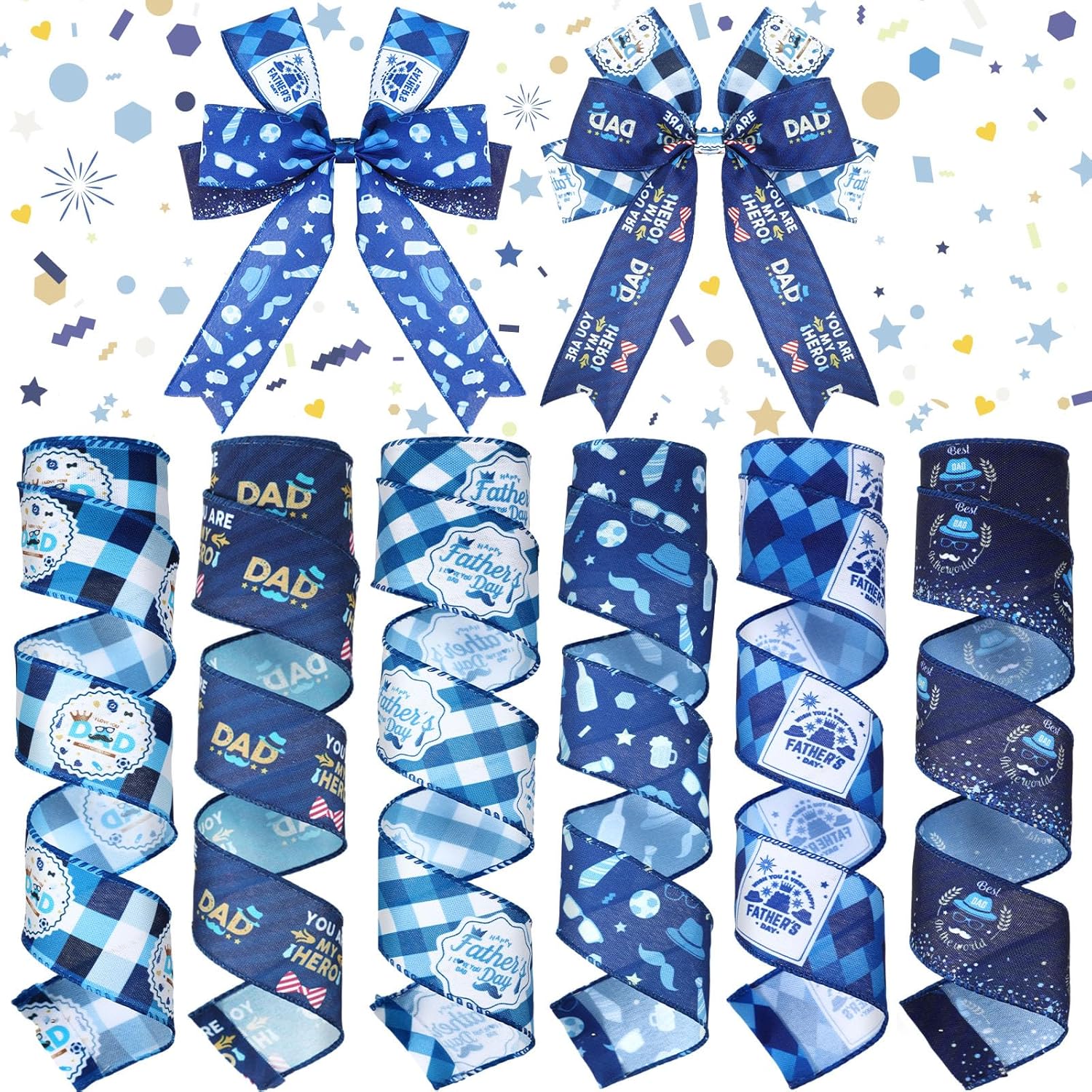 Skiennix 30 Yards Wired Edge Ribbon - Blue Tie Hat Pattern for Father's Day Crafts & Gifts
