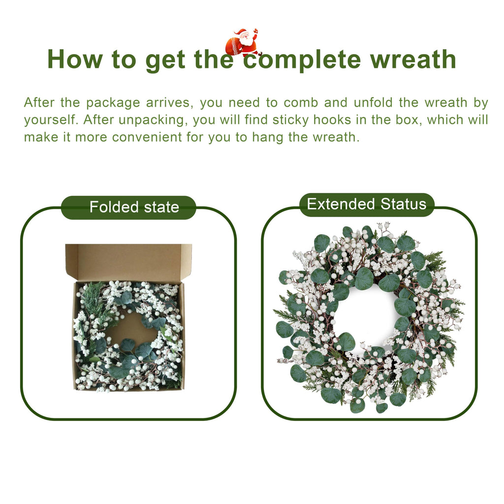 WSTPUPU Artificial Winter Wreath 22inch Christmas Wreaths for Front Door White Berry Wreath with Eucalyptus Leaves Pine Needles White Berries for Xmas Wall Farmhouse Window Winter Holidays