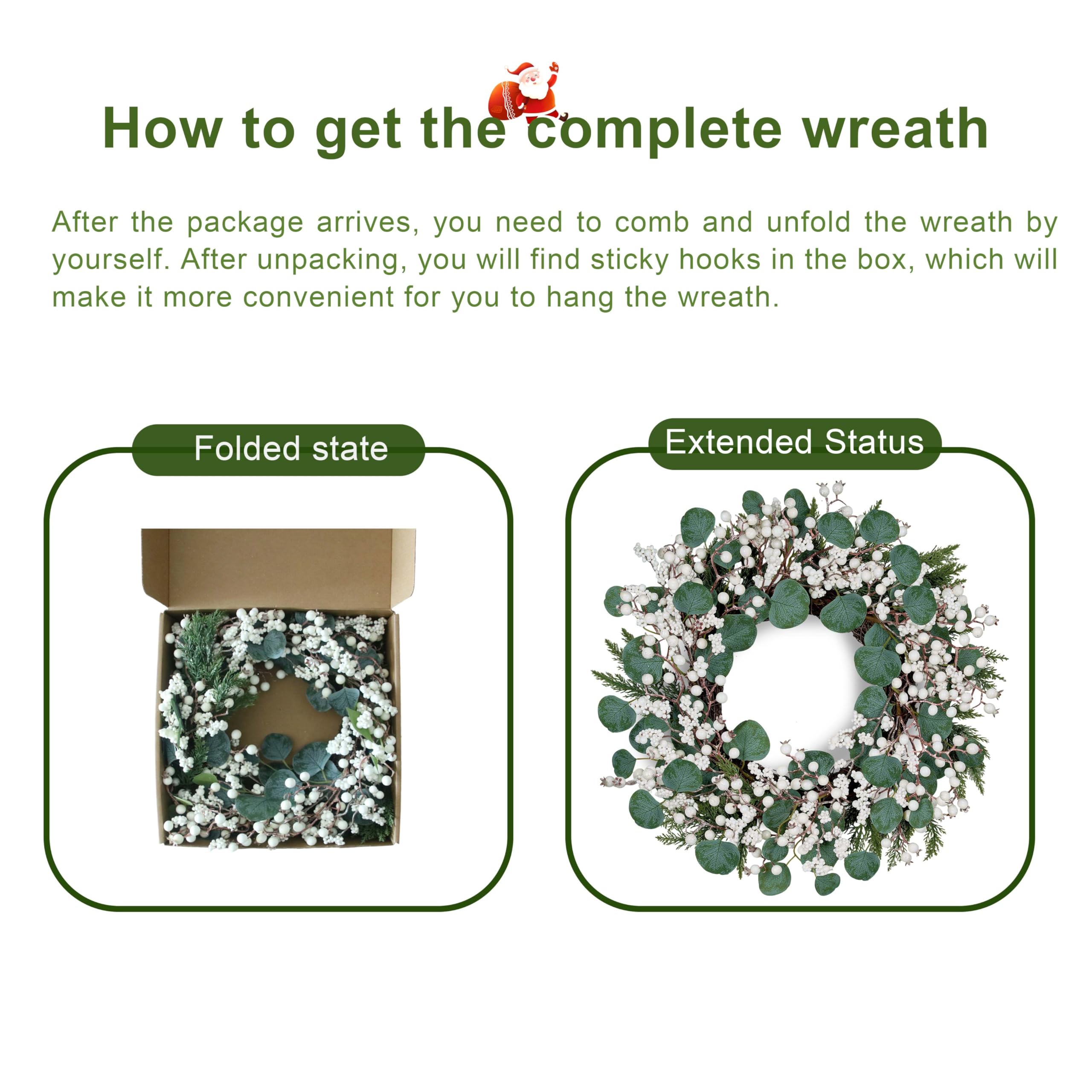 WSTPUPU Artificial Winter Wreath 22inch Christmas Wreaths for Front Door White Berry Wreath with Eucalyptus Leaves Pine Needles White Berries for Xmas Wall Farmhouse Window Winter Holidays