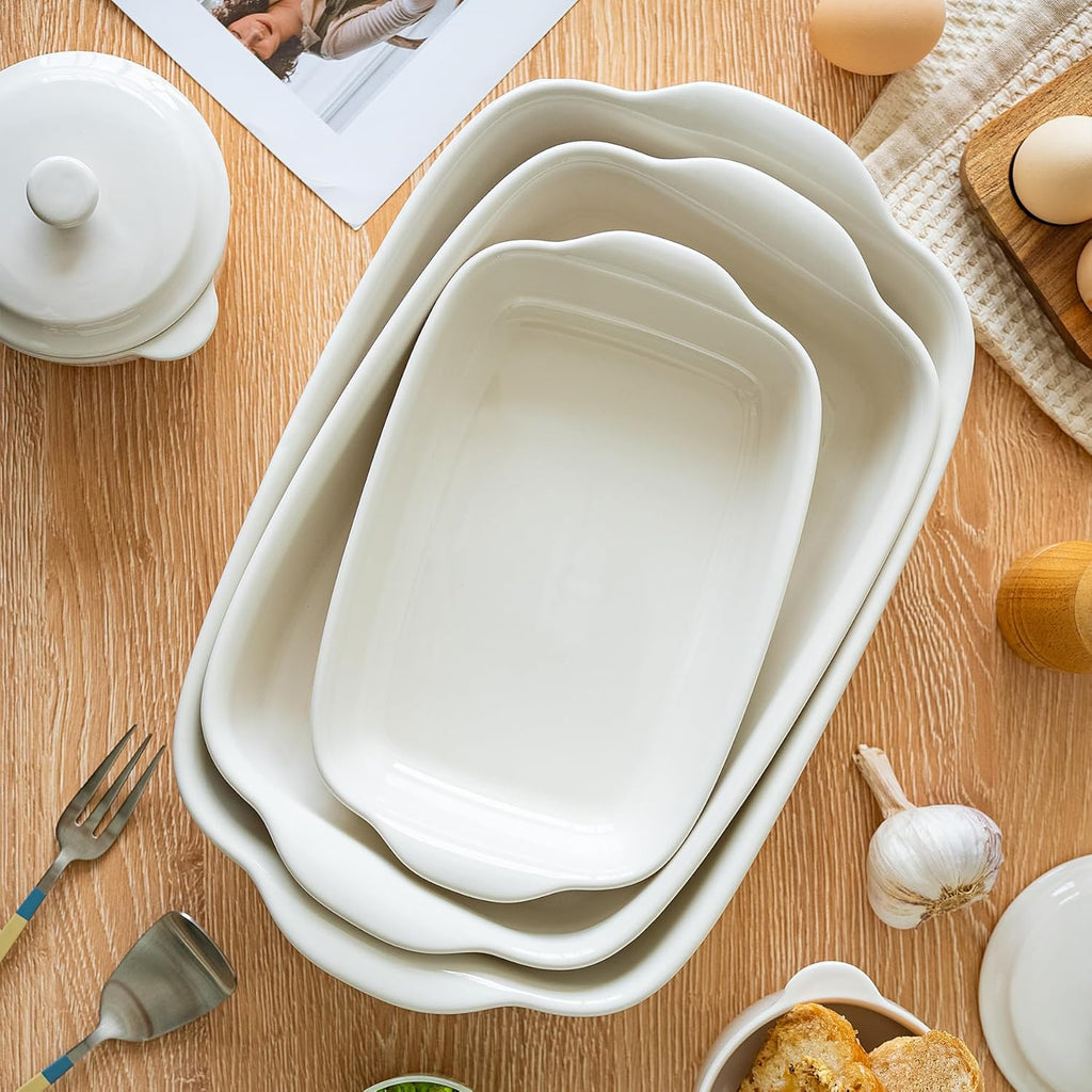 Skiennix 3-Pack Ceramic Baking Dishes Set - Heavy-Duty Oven-Safe Stoneware for Lasagna & Baking | High Heat Resistant, Handcrafted Glazed Finish (13.8''/12''/9.6'' Pure Off-White)