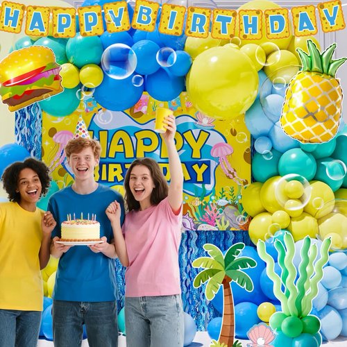 Sponge Birthday Decorations Kit - 153Pcs Under the Sea Party Supplies with Balloon Arch, Backdrop & Video Guide - All-in-One Vibrant Decor for Kids & Teens Birthday, Easy No-Stress Setup