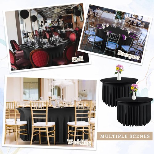 Preboun 6 Pack 4 Ft/ 48 Inch Spandex Round Tablecloths Wrinkle Free Stretchy Round Table Clothes for Table Tablecloth with Skirt for Party Wedding Home Decoration Parties Banquet (Black)