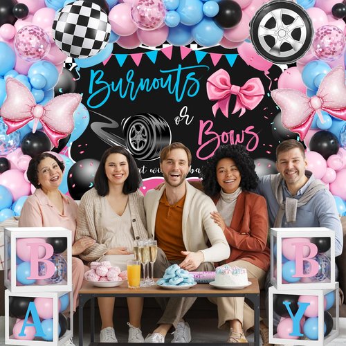 Burnouts or Bows Gender Reveal Decorations - 143pcs Pink Blue Balloon Garland Kit, 4pcs Baby Box With Letters, What Will the Baby Be Backdrop, Boy or Girl Gender Reveal Party Supplies