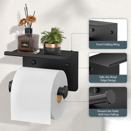 FORIOUS Toilet Paper Holder - Matte Black Stainless Steel with Shelf | Adhesive or Screw Mount