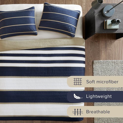Comfort Spaces Quilt Set Trendy Casual Fun, Vibrant Color Design, Hypoallergenic All Season, Lightweight Coverlet Bedspread Cozy Kids Bedding & Sham Twin/Twin XL Verone White Blue Stripe 2 Piece