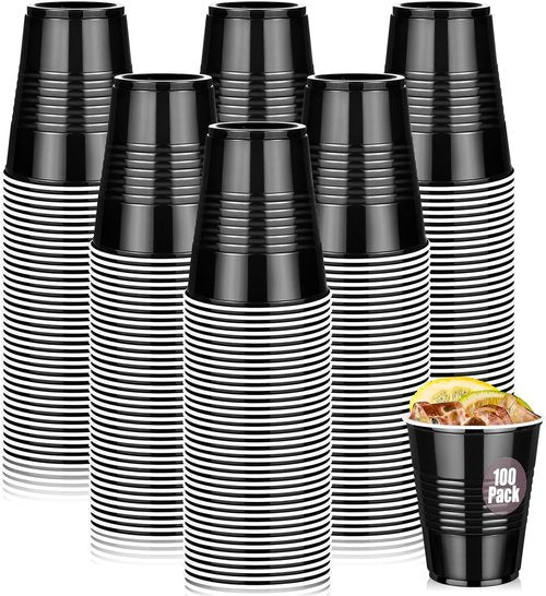 Dualshine 12 oz Heavy-Duty Black Plastic Cups - 100 Pack Disposable Party Drinkware for Events