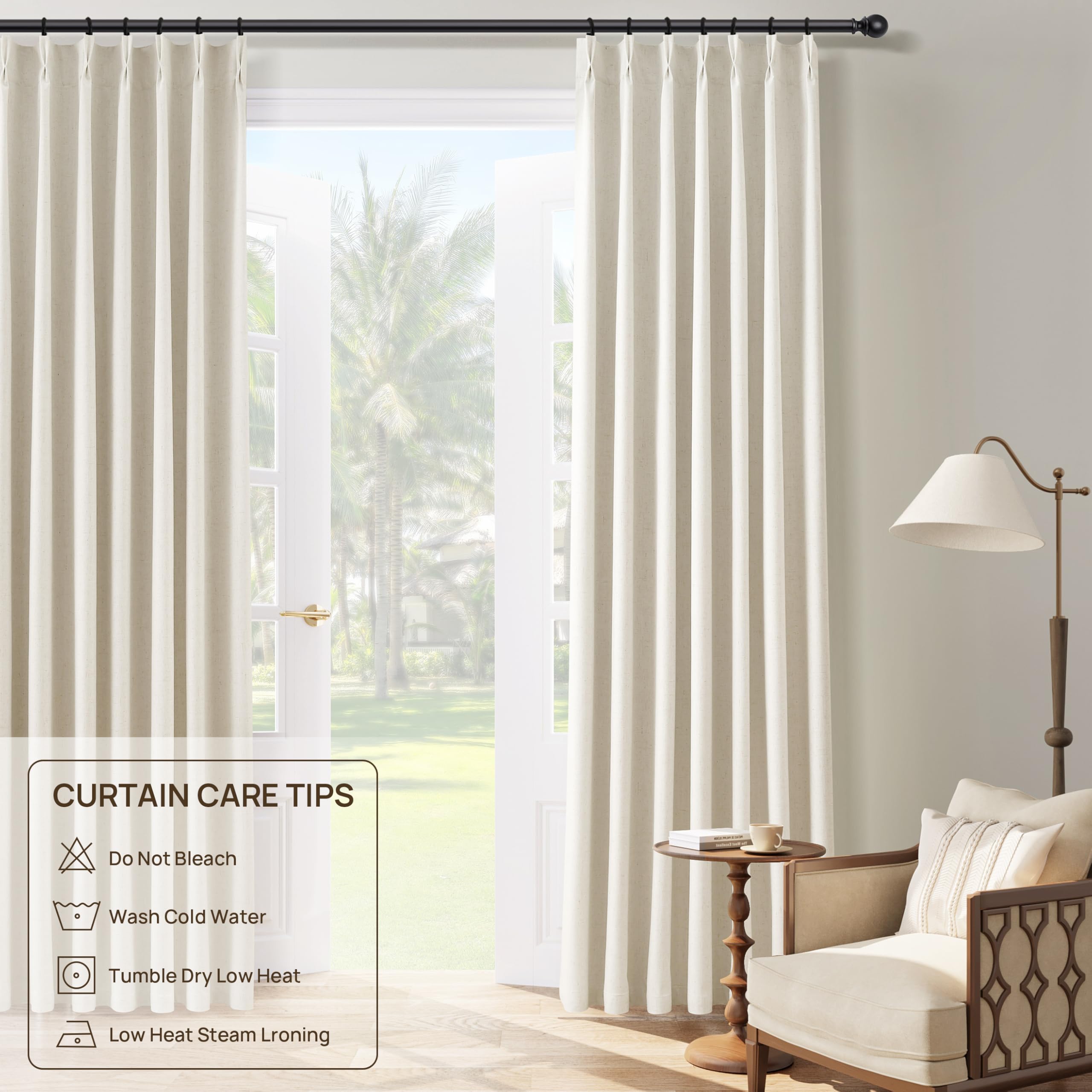 Pinch Pleated 100% Blackout Linen Curtains 96 Inches Long for Bedroom Living Room Memory Trained Pinch Pleat Linen Curtains Rustic Farmhouse Thermal Insulated Natural Cream Pleated Drapes 8ft 40x96